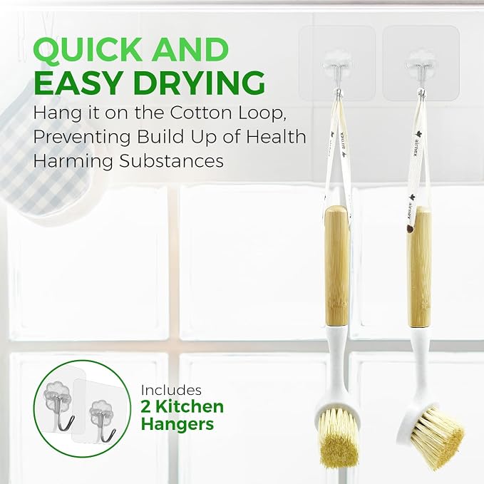 AIRNEX Bamboo Dish Brush Set of 2 - Dishwasher Brush w/Handle Made of Wheat Straw & Sisal Bristles - Non Scratch Kitchen Scrub Brush for Dishes, Pots & Pans - Dish Scrubber w/Plastic Free Bristles