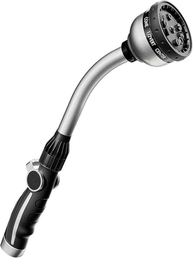 RESTMO Watering Wand Heavy Duty, 15-Inch Long Hose Nozzle Sprayer | 10 Spray Patterns & Thumb Flow Control, Metal Garden Hose Wand for Water Hanging Baskets and Shrubs, Silver
