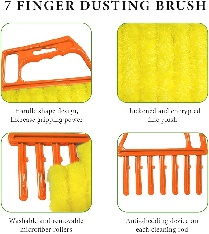 DXNQ 2 PCS Blind Cleaner Duster Tool, Window Venetian Hand-held 7 Finger Dusting Cleaner Brush, Blinds Cleaning Brush Tool for Window Shutters Air Conditioner, Car Accessories (Orange+Yellow)