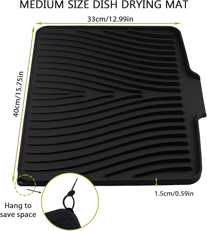 Silicone Drying Mat, 16"X13" With Built-in Drain Lip,Heat-Resistant,Eco-friendly,Hygienic Drying Pad,Leak-Proof and Non-Slip,Silicone Dish Drying Mat for Kitchen Counter or Sink（Black 16X13）