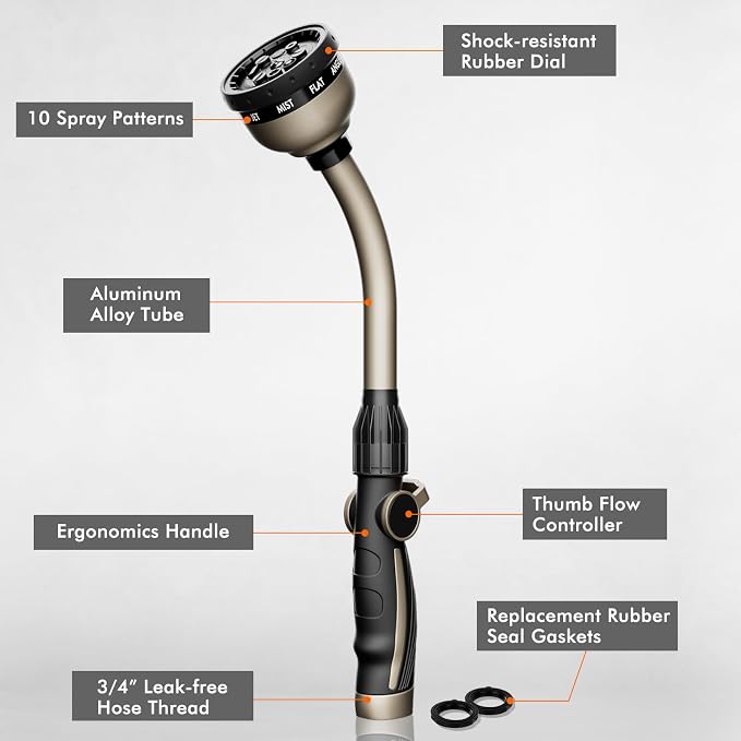 RESTMO Watering Wand Heavy Duty, 15-Inch Long Hose Nozzle Sprayer | 10 Spray Patterns & Thumb Flow Control, Metal Garden Hose Wand for Water Hanging Baskets and Shrubs, Bronze