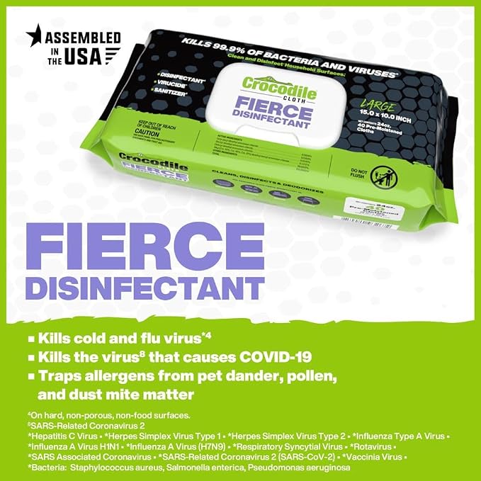 Crocodile Cloth Fierce Disinfectant Wipes - 480 Count (12 Packs of 40 Count) 15" x 10" Multi-Surface Disinfecting Cleaning Cloths For Kitchens, Bathrooms, Offices & Schools