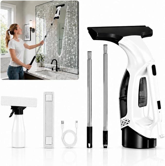 Window Vacuum Squeegee with Long Handle, Cordless Window Vacuum Cleaner, Electric Window Cleaner and Shower Glass Cleaner for Mirrors, High Windows, Tiles, Car Windows, 3000Pa, Type-C