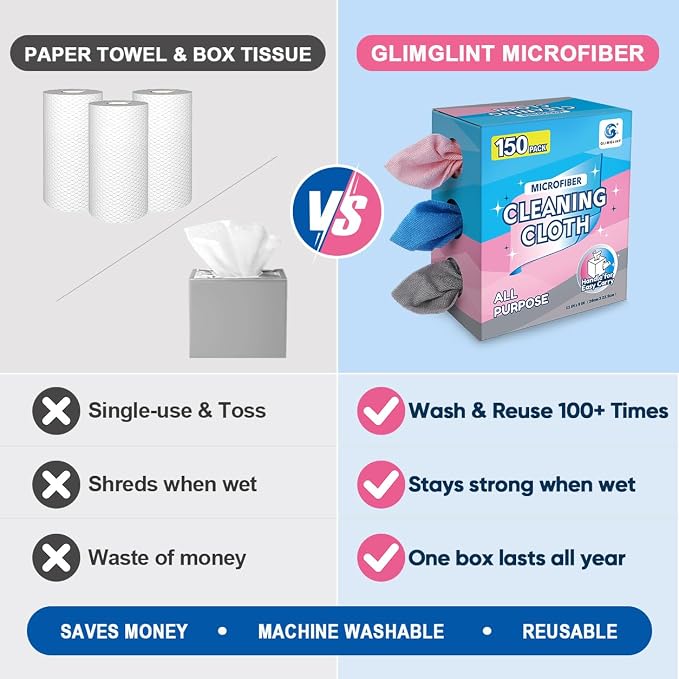 GLIMGLINT Microfiber Cleaning Cloth, 150 Pack Reusable Lint-Free Towels with Dispenser Box - Multi-Color Soft Microfiber Towels for Home, Kitchen, Bathroom, Glass & Tables - 11"x9" Washable Shop Rags