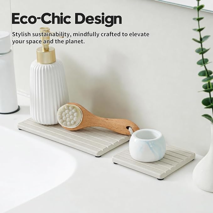 Diatomaceous Earth Sink Organizer Tray Set, 3-Pack Fast Drying Water Absorbing Stone Soap Holder Caddy for Kitchen & Bathroom Counter, Faucet Splash Guard, Beige (1pc of 8"x3.8" + 2pcs of 3.8"x3.8")
