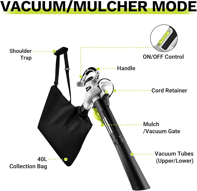 Electric Leaf Blower Vacuum Mulcher: DEKOPRO 12 Amp 3 in 1 Electric Leaf Blower Corded Lawn Care Tools, Leaf Vacuum and Mulcher, 40L Leaf Collector Bag with Shoulder Strap for Yard, Garden, Patio