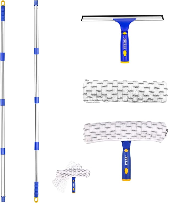 ITTAR Window Squeegee with 2 Sets Stainless Steel Pole, Squeegee Cleaning Tools with Microfiber Pads, 60"-72" Telescopic Window Washing Kit, Professional Squeegee Cleaner for Home Car Outside Glass