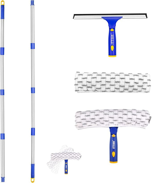 ITTAR Window Squeegee with 2 Sets Stainless Steel Pole, Squeegee Cleaning Tools with Microfiber Pads, 60"-72" Telescopic Window Washing Kit, Professional Squeegee Cleaner for Home Car Outside Glass