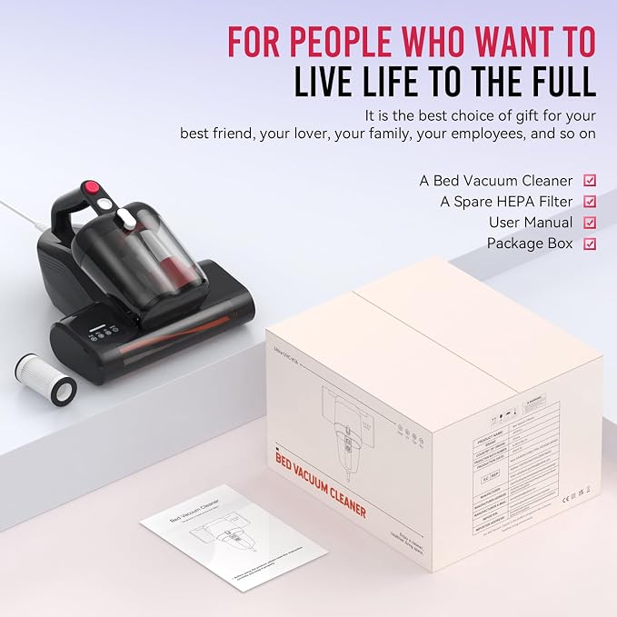 Mattress Vacuum Cleaner, 16Kpa 600W Bed Vacuum Cleaner with 253.7nm UV-C Light & 40000 RPM/Min Brushroll Rotation & Heating Tech, Widened Suction Port, Corded