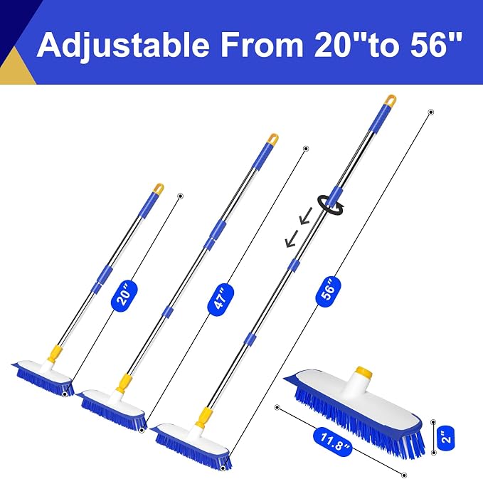 12" Wide Floor Scrub and Grout Brush Set With Long Extendable Handle - Stiff Bristle Heavy Duty Cleaner for Tile, Deck, Garage, Kitchen, Bathroom