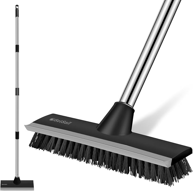 SetSail Floor Scrub Brush, 51-Inch Adjustable Long Handle Brush, Black Grey | 2 in 1 Scrape Brush Stiff Bristle Floor Scrubber for Cleaning Shower Bathroom Garage Kitchen Wall Deck Tub Tile