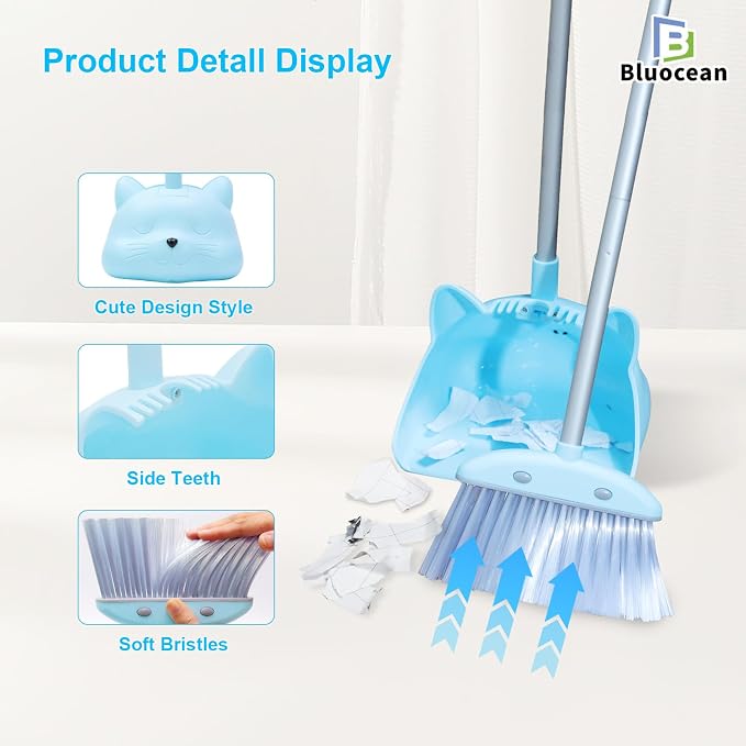 28'' Kids Mini Broom and Dustpan Set - Toddler Cleaning Toy, Toddler Household Helper, Parent-Child Interactive Play Cleaning Tool, Cute Cartoon Design, Small Safe Corner Broom (Blue)
