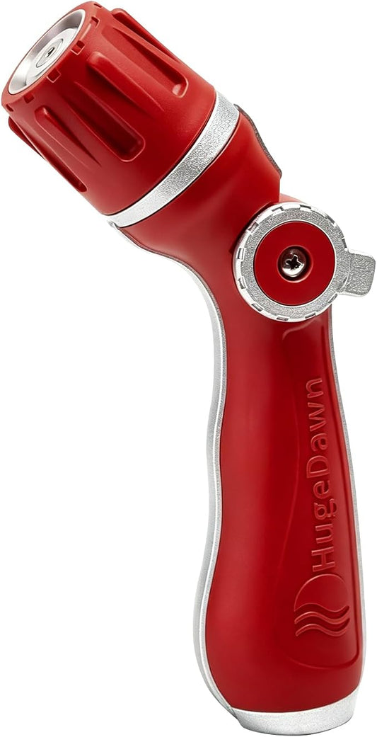 HugeDawn Garden Hose Nozzle, Heavy Duty High Pressure Metal Hose Spray Nozzle with 30% Greater Water High Flow, 3 Spray Patterns, Non-Slip Thumb Control for Quick Watering & Cleaning (Red)