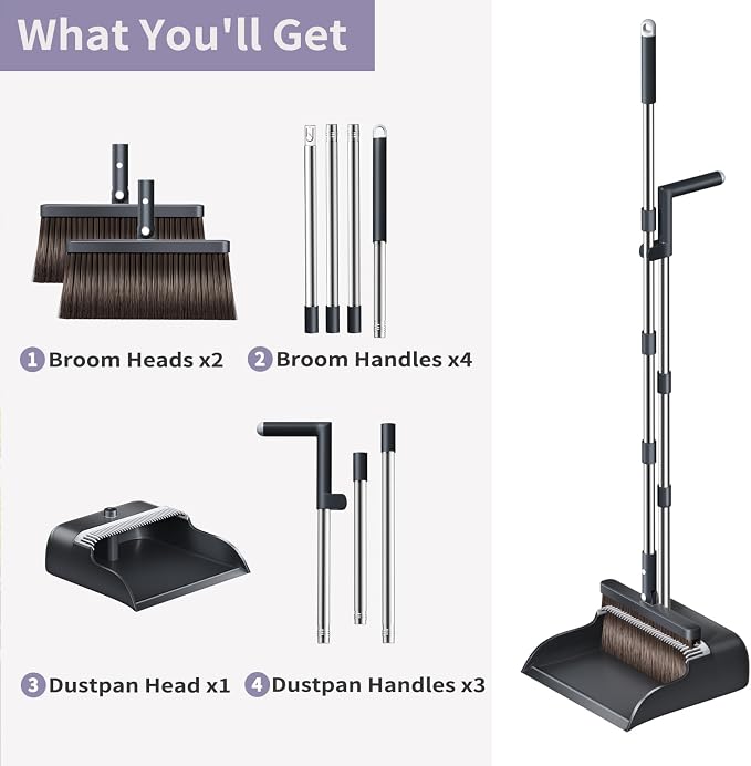 Broom and Dustpan Set, 51.6" Long Handle Broom with Dustpan Combo Set with Dustpan Teeth & Two Broom Heads, Brooms with Dust Pan for Sweeping Indoor Home Kitchen Office Lobby Pet Hair