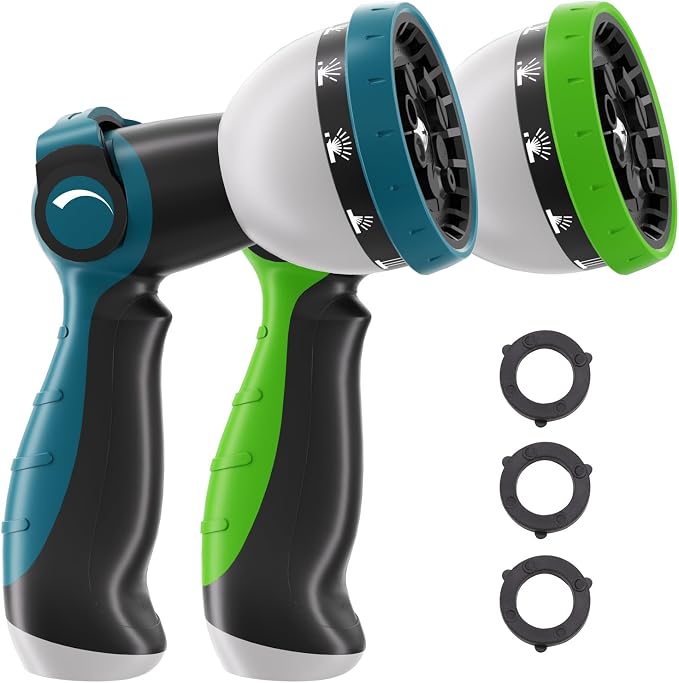 Besiter Garden Hose Nozzle, Hose Sprayer Nozzle with 10 Spray Patterns, Thumb Control On Off Valve,2 Pack High Pressure Metal Water Hose Nozzle for Car Wash, Plants, Pets & Outdoor Cleaning Blue Green