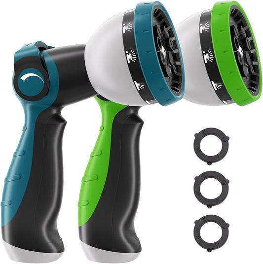 Besiter Garden Hose Nozzle, Hose Sprayer Nozzle with 10 Spray Patterns, Thumb Control On Off Valve,2 Pack High Pressure Metal Water Hose Nozzle for Car Wash, Plants, Pets & Outdoor Cleaning Blue Green