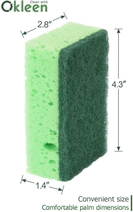 Green Multi Use Scrub Sponge. Made in Europe. 18 Pk, 4.3x2.8x1.4 inches. Odorless Heavy Duty and Non Scratch Fiber. Thick, Durable and Delicate Scrubber for Pans, Bowls, Jars, Sink, Floor
