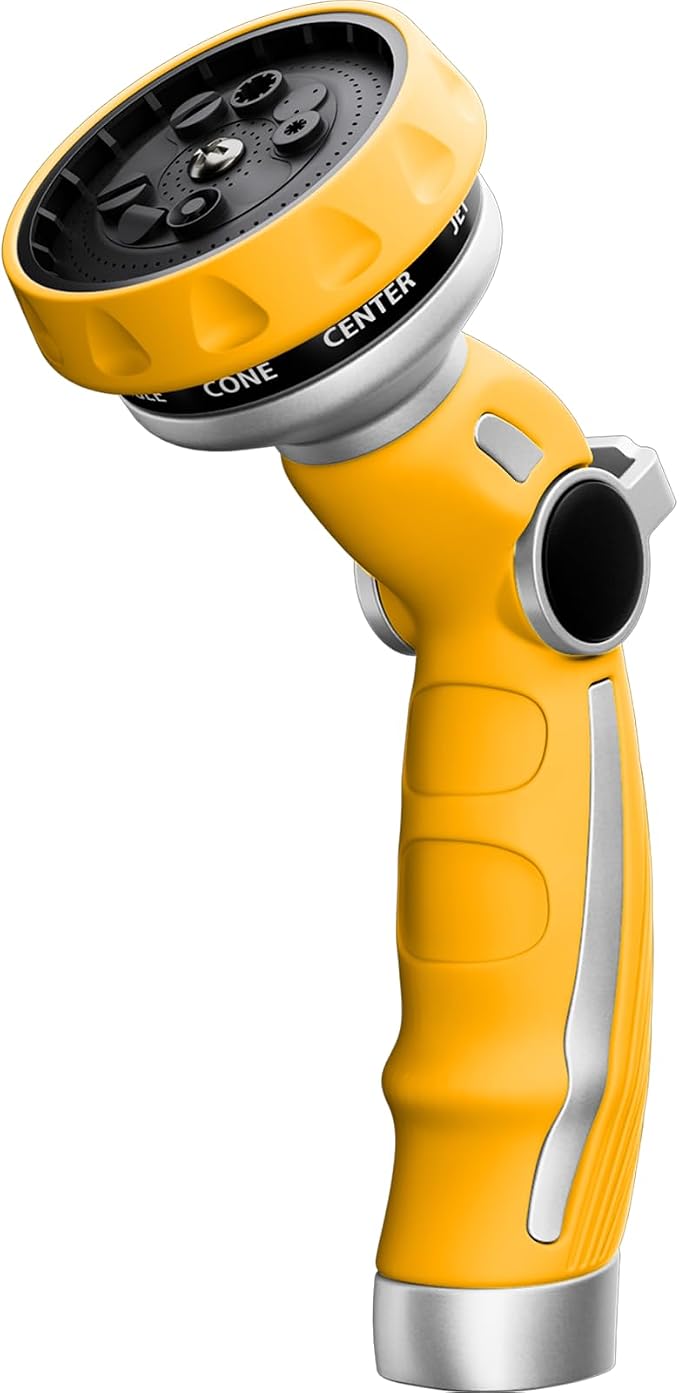 RESTMO Hose Nozzle Heavy Duty, Metal Water Hose Sprayer for Garden | 9 Spray Patterns, Leak Proof, Thumb Flow Control, On/Off Valve, Ideal for Outdoor Lawn & Plant, Car & Pet, Yellow