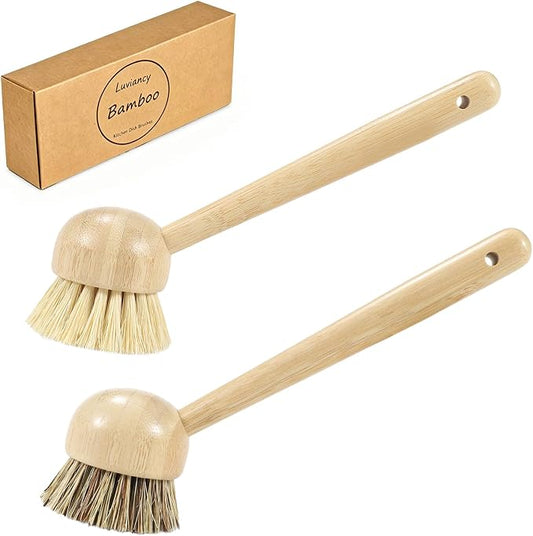 2 Pack Natural Kitchen Dish Brushes with Sisal & Palm Bristles, Long Bamboo Handle Scrubber for Dishes, Cast Iron Pans Pots and Vegetable Cleaning