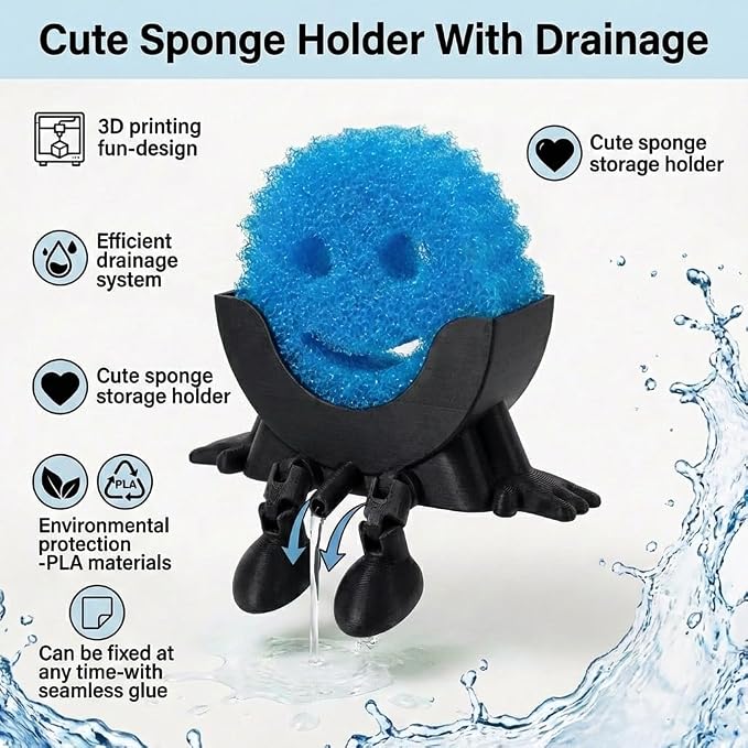 Creative Drainage Sponge Holder: Traceless Glue, 3D Printed Funny Kitchen Sink Holder, Keeps Sponge Dry – for Scrub Daddy (1, Black)