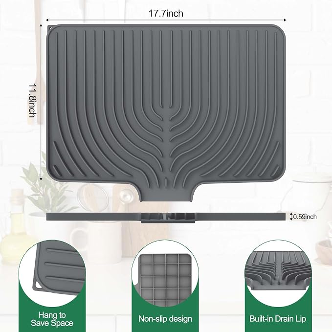 GUUKIN Silicone Dish Drying Mat,17.7" x 11.8 " Drying Matt Kitchen Counter, Dish Drying Rack Mat, Easy Clean Pad for Countertop Protection, Multi-Functional Use, Not applicable Bumps up sink (Grey)