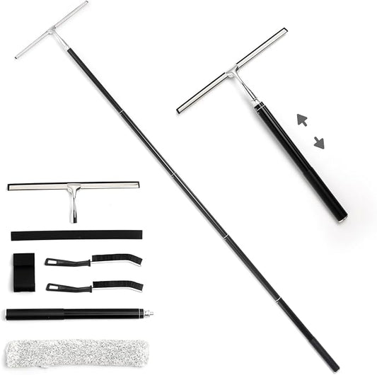 17“- 60" Extendable Long Handle 2-in-1 Window Squeegee Silver | 12.4" Wide Metal Shower Squeegee for Glass Doors, 2-in-1 Squeegee for Home Window Cleaning, Tile Wall, Car