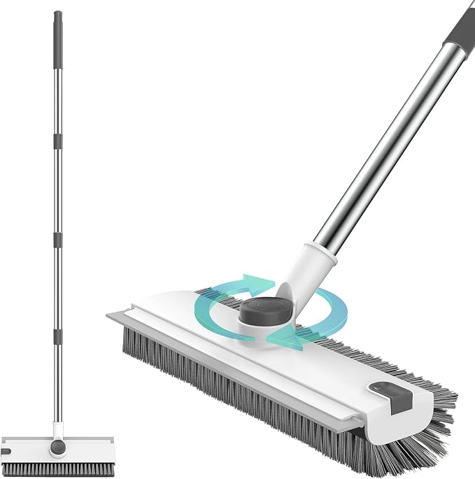 SetSail Floor Scrub Brush with 54in Adjustable Long Handle, Grey&White | 3 in 1 Floor Scrub Brush with Scraper and Stiff Bristle, Heavy Duty Floor Scrubber for Shower Bathroom Kitchen Patio Garage