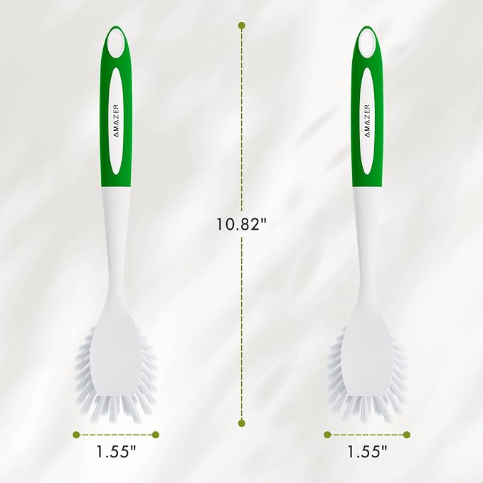 Amazer Dish Brush with Handle, 2 Pack Kitchen Scrub Brushes with Built-in Scraper for Cleaning, Dish Scrubber with Stiff Bristles for Sink, Pots, Pans (Green+Green)