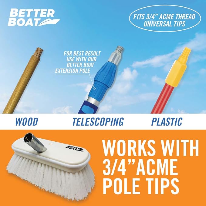 Stiff Boat Deck Brush, Heavy-Duty Marine Brush Head, 8" Firm Bristle with Bumper, 3/4" Thread Handle, for RV, Truck, and Auto Cleaning