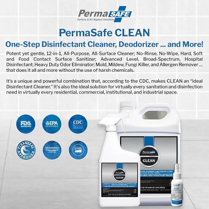 PermaSafe CLEAN 1-Step Disinfectant, Deodorizer & All-Purpose Cleaner; Soft, Hard & Food Surface Sanitizer; Kills 99.9% of Bacteria, Viruses, Molds - Child, Pet, Planet & All Surface Safe (32oz)