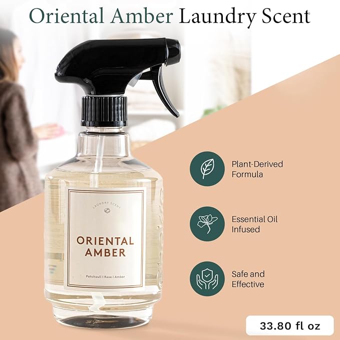 Chakra Freshener Fabric Spray - Long-Lasting Multi-Purpose Laundry Scent for Bedding, Clothes & Home Fabric Deodorizer, Luxury Room Deodorizer, Linen Spray w/Trigger, 33.8 fl oz, Oriental Amber