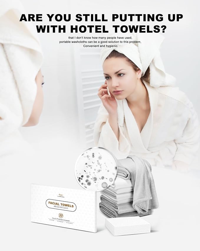 Disposable Face Towel,Biodegradable Facial Towels 9.8"×9.8",20 Count | Thick Face Cloths for All Skin Types,9.8"X9.8"Face Towels Disposable,Dry Wipes for Skincare,Makeup Remover and Cleansing