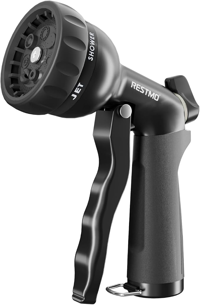 RESTMO Garden Hose Nozzle, Heavy Duty Water Hose Nozzle with 7 Adjustable Spray Patterns, High Pressure Hand Sprayer with Flow Control, for Watering Plants & Lawns, Washing Cars & Pets, Flash Black