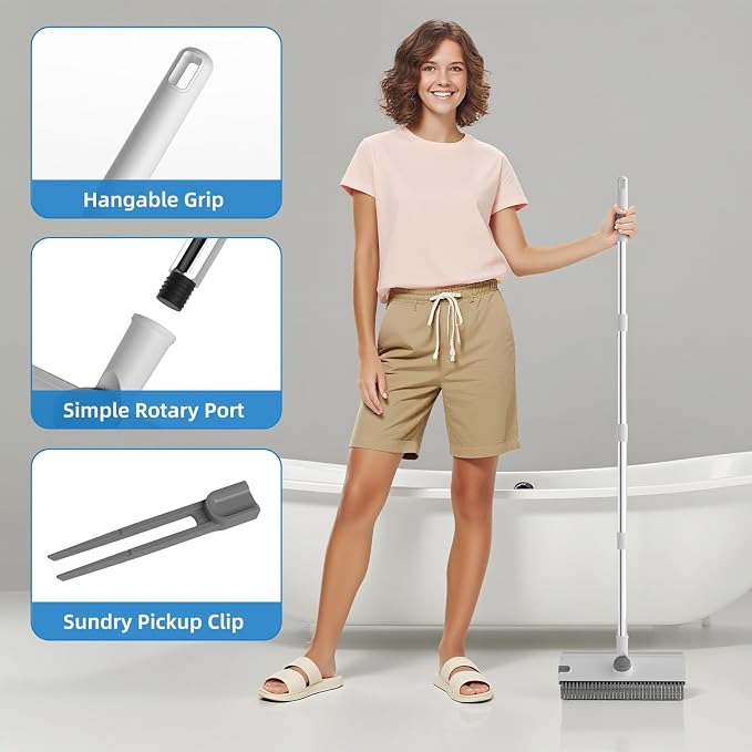 Floor Scrub Brush with Long Handle, 3 in 1 Scrape and Heavy-Duty Stiff Bristle Floor Scrubber Brush Broom with Squeegee and Tweezer for Cleaning White