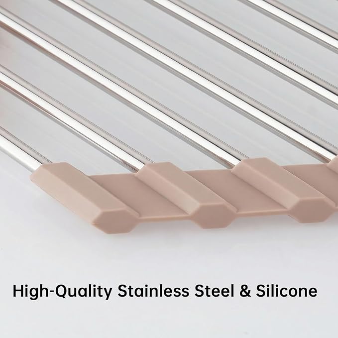 Tomorotec Foldable Stainless Steel Triangle Roll-Up Dish Drying Rack - Over-The-Sink Multipurpose Kitchen Drainer, Rustproof Organizer, Trivet and Shelf - Space-Saving(Light Beige Color)