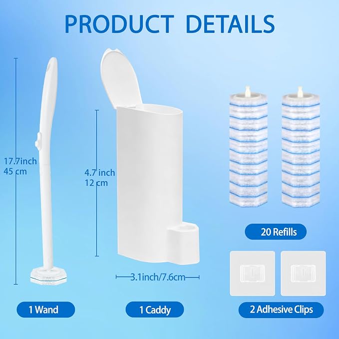 Disposable Toilet Brush and Holder Set, 20 Pre-Filled Refills, 5X Powerful No-Shed Pads, 360° Deep Toilet Bowl Clean, Toilet Bowl Cleaners with Storage Caddy & Adhesive Hooks