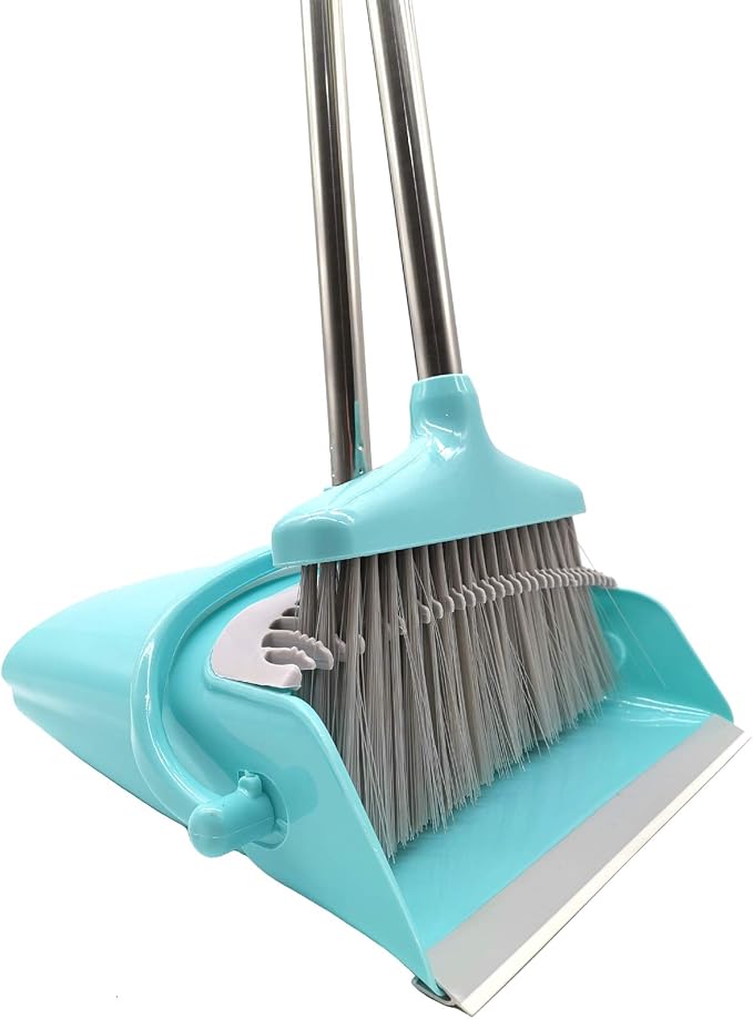 Extendable Long Handle Broom and Dustpan Set, Stainless Lightweight Upright Standing Broom and Dustpan Combo for Kitchen Lobby Office Living Room Household Indoor or Outside (Light Blue)