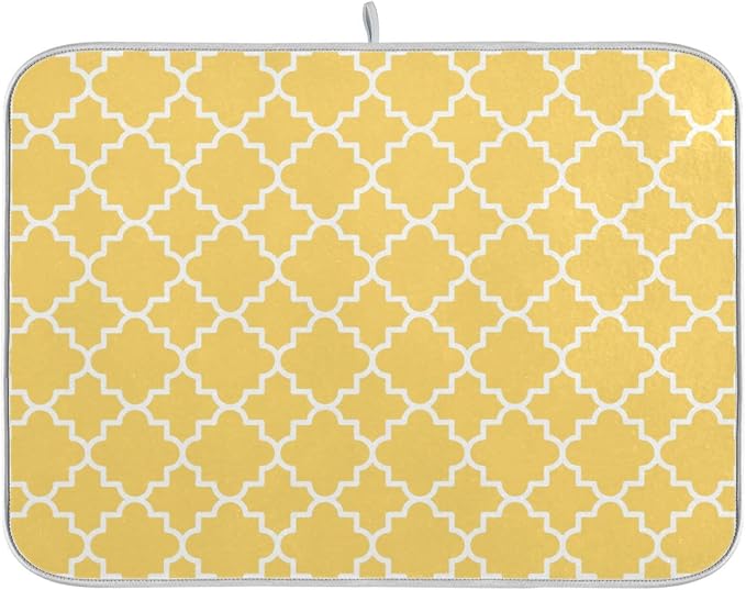 Super Absorbent Dish Drying Mat, Microfiber Fast-Drying Dish Mat, 16" x 18", Kitchen Dish Drying Pad, Quatrefoil Lattice Yellow Pattern