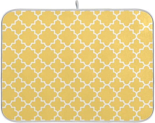 Super Absorbent Dish Drying Mat, Microfiber Fast-Drying Dish Mat, 16" x 18", Kitchen Dish Drying Pad, Quatrefoil Lattice Yellow Pattern