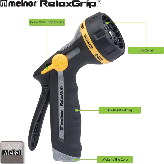 Melnor 65187AMZ RelaxGrip 8-Pattern Hose Nozzle with Quick Connect Bundle, Ergonomic Rear Trigger, Lightweight Water Nozzle, Arthritis Foundation Ease of Use Certified, Black, Yellow