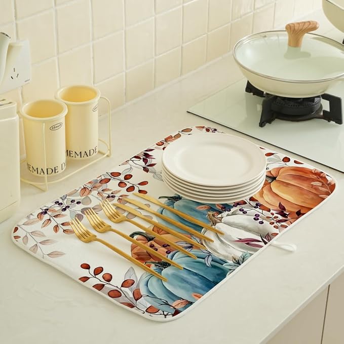 Fall Dish Drying Mat 18 x 24 Inch Autumn Maple Leaf Pumpkin Drying Mat for Kitchen Counter Absorbent Farmhouse Harvest Thanksgiving Dishes Dry Pad for Drainer Rack Kitchen Fast Dry
