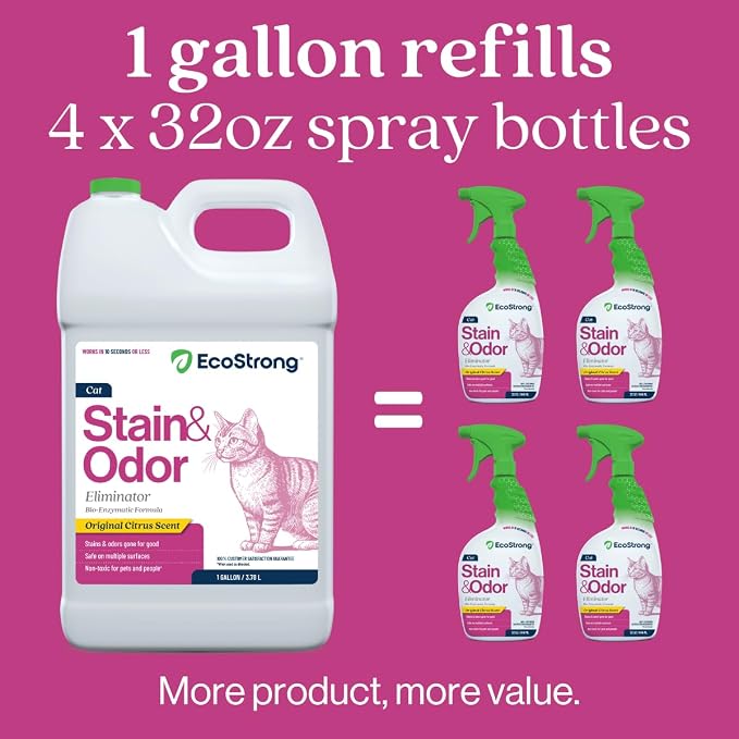 Eco Strong Cat Stain And Odor Remover| Enzyme Urine Odor Neutralizer - Stain Remover for Carpet, Litter Boxes, Bedding, and Laundry [Citrus Scent Gallon Value Size]