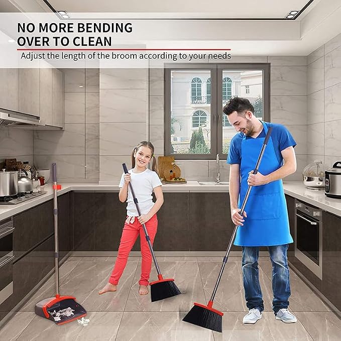 2-Pack is More economical,Brooms with Dustpan Combo Set， with 52" Long Handle, Dustpan Teeth with self-Cleaning Function, Indoor and Outdoor Sweeping, Perfect for Home Office (Large/Red /2-Pack)