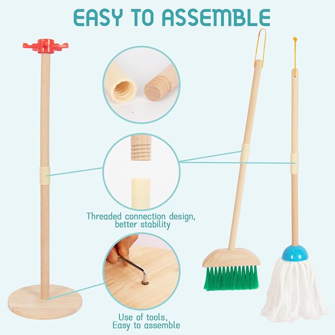 Kids Cleaning Set, Housekeeping Play Broom Set for Toddlers 3-8 | Include Broom Mop Duster Dustpan Brushes Rag,Organizing Stand,Cleaning Toys Gift for Girls Boys,Solid Beech Wood