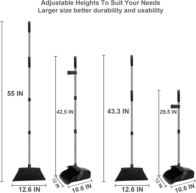 Black Broom and Dustpan Combo Set, 55" Long Handle Broom | Large Area Outdoor Cleaning, Extended Reach Design, Built-in Comb Dustpan, Foldable Storage for Garage, Patio & Home