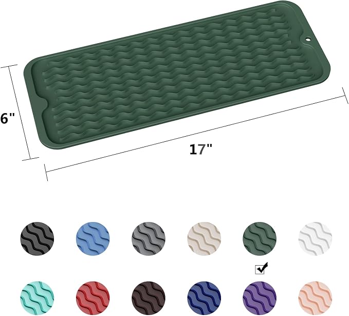 ZLR Small Dish Drying Mat (6" x 17" / 153 x 433mm) - Narrow Silicone Drainer for Kitchen Counter, Apartment & RV - Compact Sponge Holder & Sink Caddy Tray, Non-Slip Food-Grade Silicone (Dark Green)