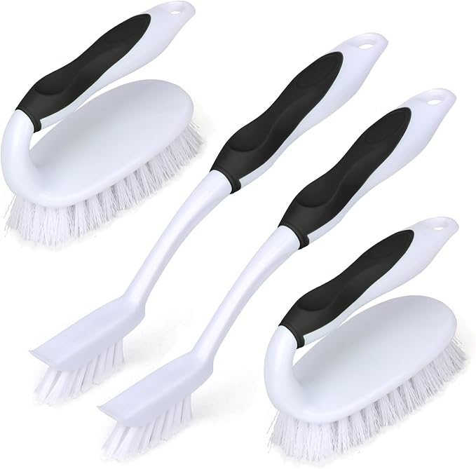 Scrub Brush Set, 4 Pack Deep Cleaning Brush Kit, Black | 2 Scrub Brush, 2 Tile & Grout Brush with Built-in Scraper, Household Commercial Scrubber for Floor, Shower, Pool Wall, Tub