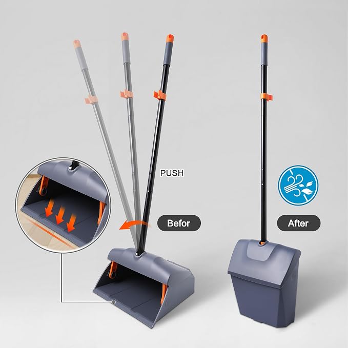 CLEANHOME Heavy Duty Broom with Dustpan Combo Set, Grey | Indoor and Outdoor,Stiff Bristle, Commercial Angle Broom and Standing Dust Pans, Long Handle ,for Sweeping Home,Kitchen,Yard