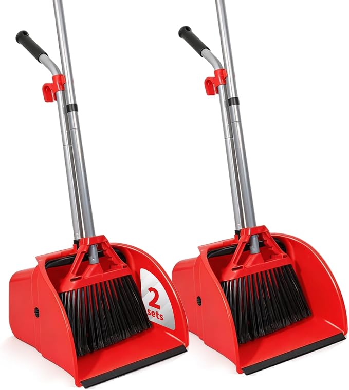 Commercial Broom and Dustpan Set,Heavy Duty Broom Set,Jumbo Debris Dustpan | Dustpan (14inch*14inch) , Broom(14inch Width) ,Trash Collection for Commercial /Industrial Cleaning ,2Sets, Red
