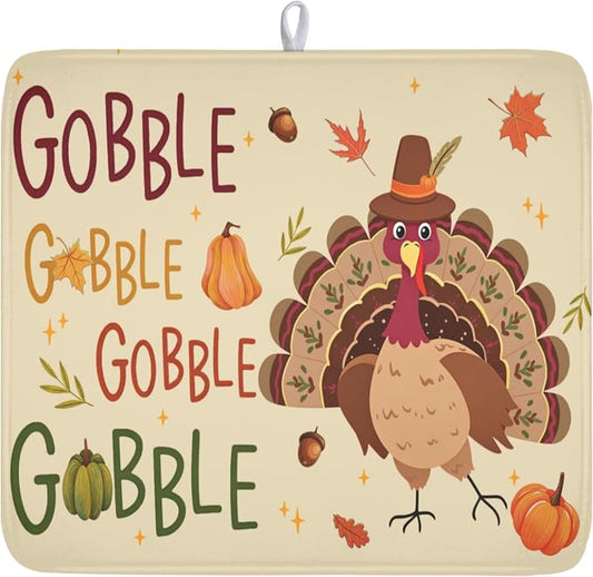 Thanksgiving Turkey Dish Drying Mat for Kitchen Counter 16x18 Inch Pumpkin Dish Drainer Mat Absorbent Microfiber Gobble Dish Rack Pad for Fall Holiday Coffee Dining Bar Decor